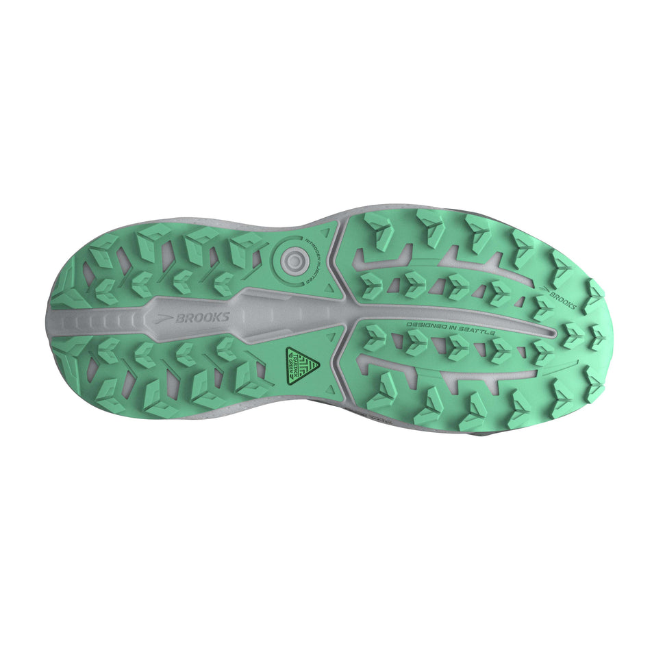 Outsole of the right shoe from a pair of Brooks Men's Caldera 7 Running Shoes in the Lemon Chrome/Black/Sedona Sage colourway (8113636573346)