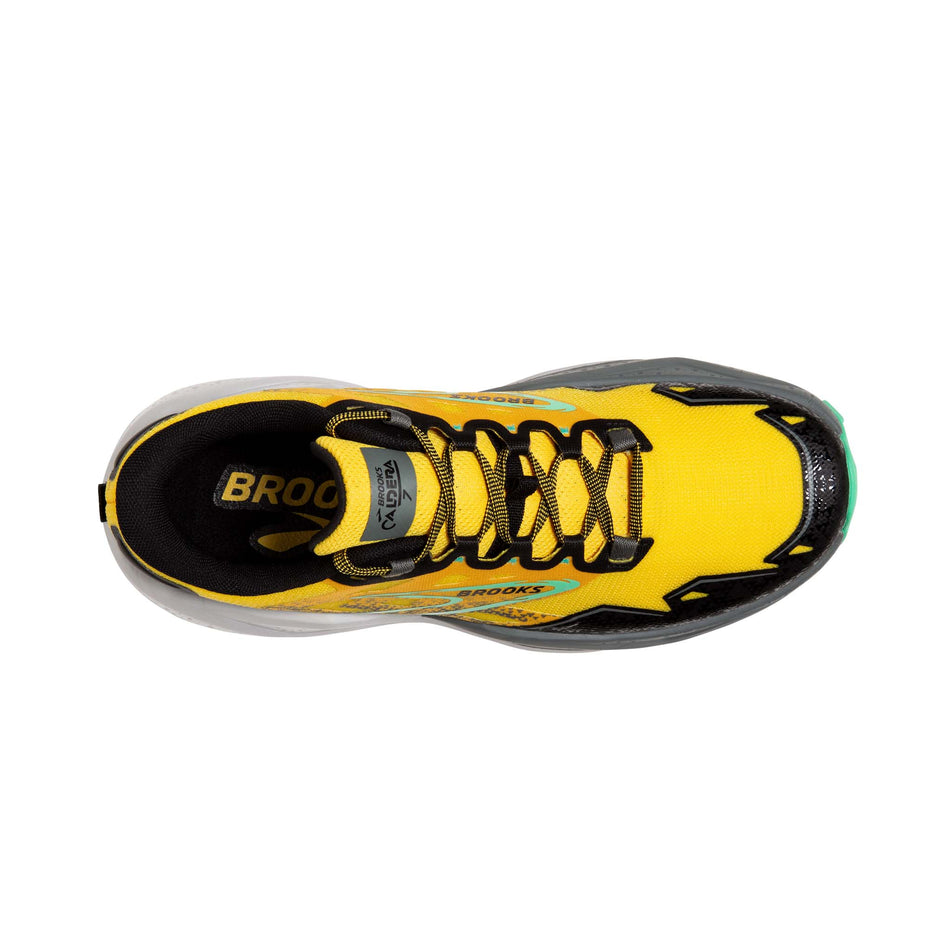 The upper of the right shoe from a pair of Brooks Men's Caldera 7 Running Shoes in the Lemon Chrome/Black/Sedona Sage colourway (8113636573346)