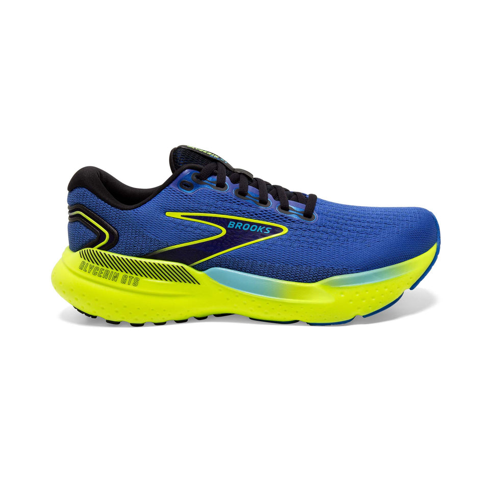 Lateral side of the right shoe from a pair of Brooks Men's Glycerin GTS 21 Running Shoes in the Blue/Nightlife/Black colourway (8153504678050)