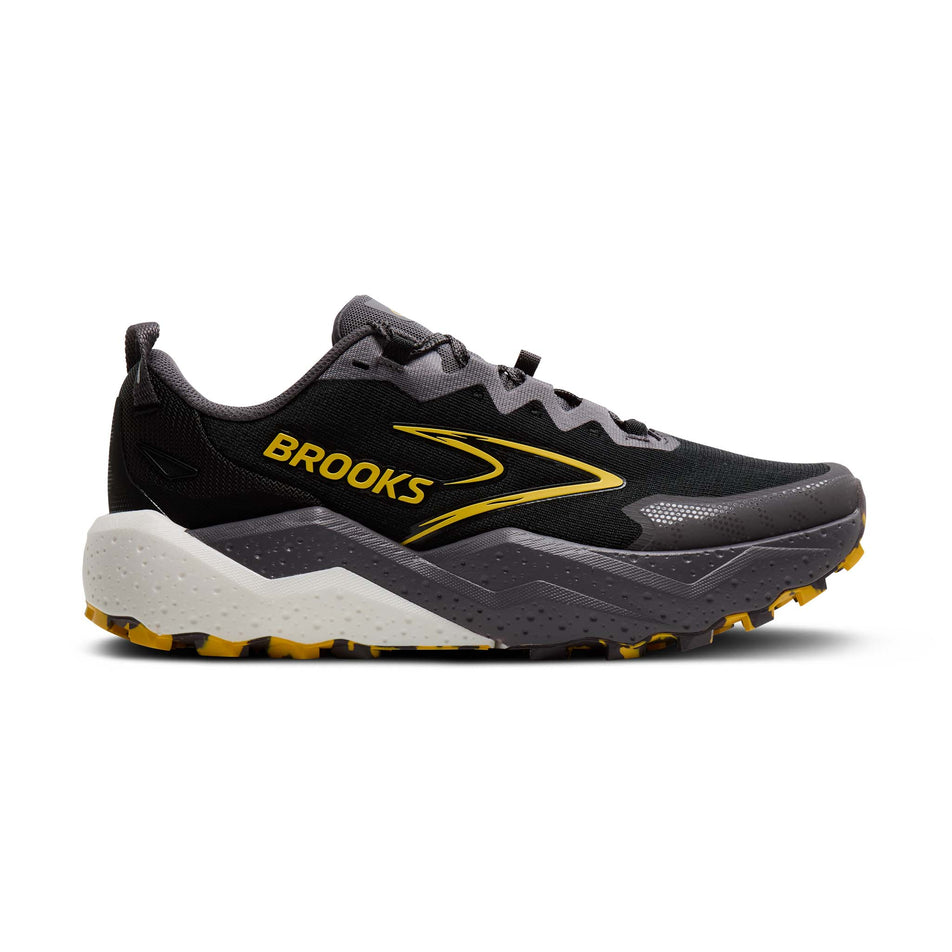 Lateral view of the right shoe from a pair of Brooks Men's Caldera 8 Running Shoes in the Black/Rabbit/Zest colourway.
