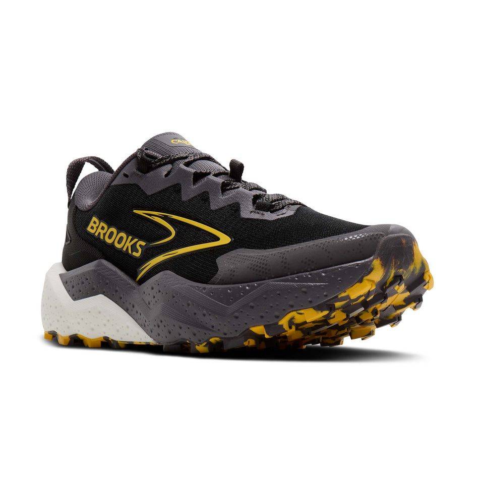 Lateral view of the right shoe from a pair of Brooks Men's Caldera 8 Running Shoes in the Black/Rabbit/Zest colourway.