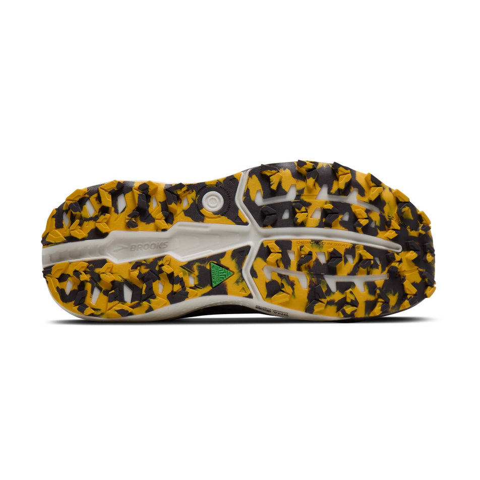 The outsole of the right shoe from a pair of Brooks Men's Caldera 8 Running Shoes in the Black/Rabbit/Zest colourway.