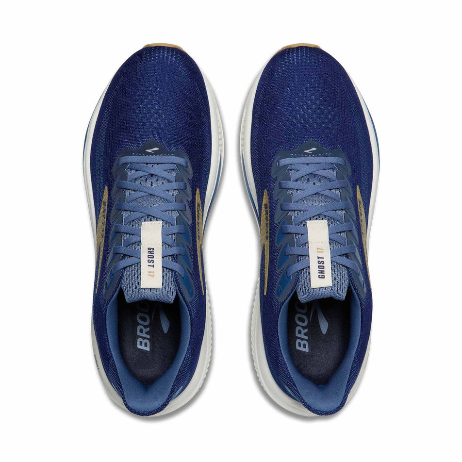 The uppers of a pair of Brooks Men's Ghost 17 Running Shoes in the Beacon Blue/Moonlight/Starfish colourway.