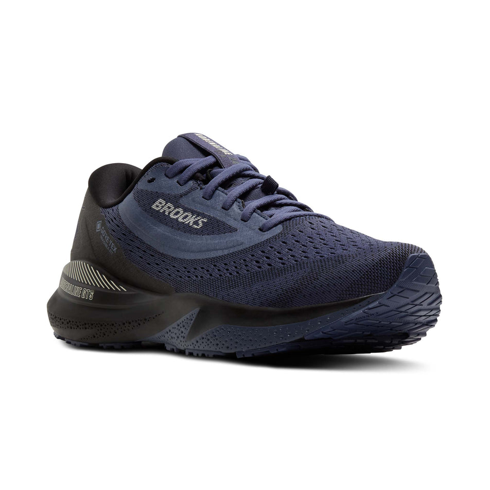 Lateral view of the right shoe from a pair of Brooks Men's Adrenaline GTS 24 GTX Running Shoes in the Black/Nightshadow/Coconut colourway. (8649465561250)