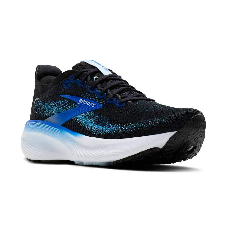 Lateral view of the right shoe from a pair of Brooks Men's Adrenaline GTS 25 Running Shoes in the Black/Blue/Nantucket Bree colourway.