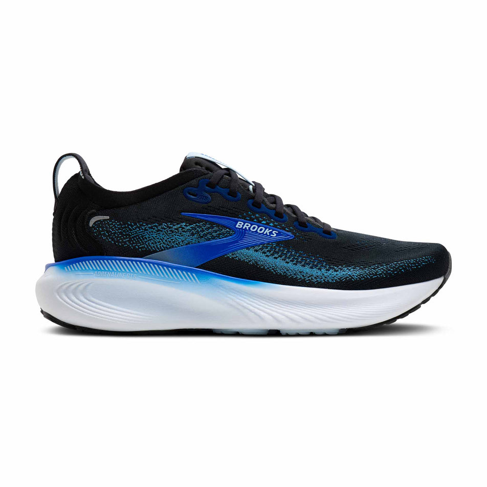 Lateral view of the right shoe from a pair of Brooks Men's Adrenaline GTS 25 Running Shoes in the Black/Blue/Nantucket Bree colourway.