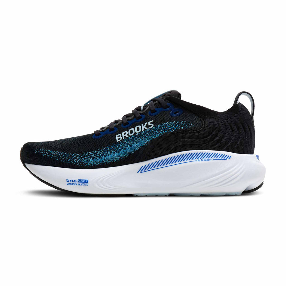 Medial view of the right shoe from a pair of Brooks Men's Adrenaline GTS 25 Running Shoes in the Black/Blue/Nantucket Bree colourway.