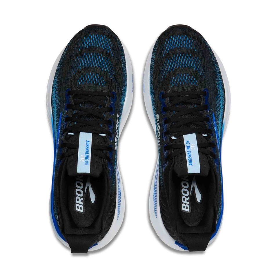 The uppers of a pair of Brooks Men's Adrenaline GTS 25 Running Shoes in the Black/Blue/Nantucket Bree colourway.