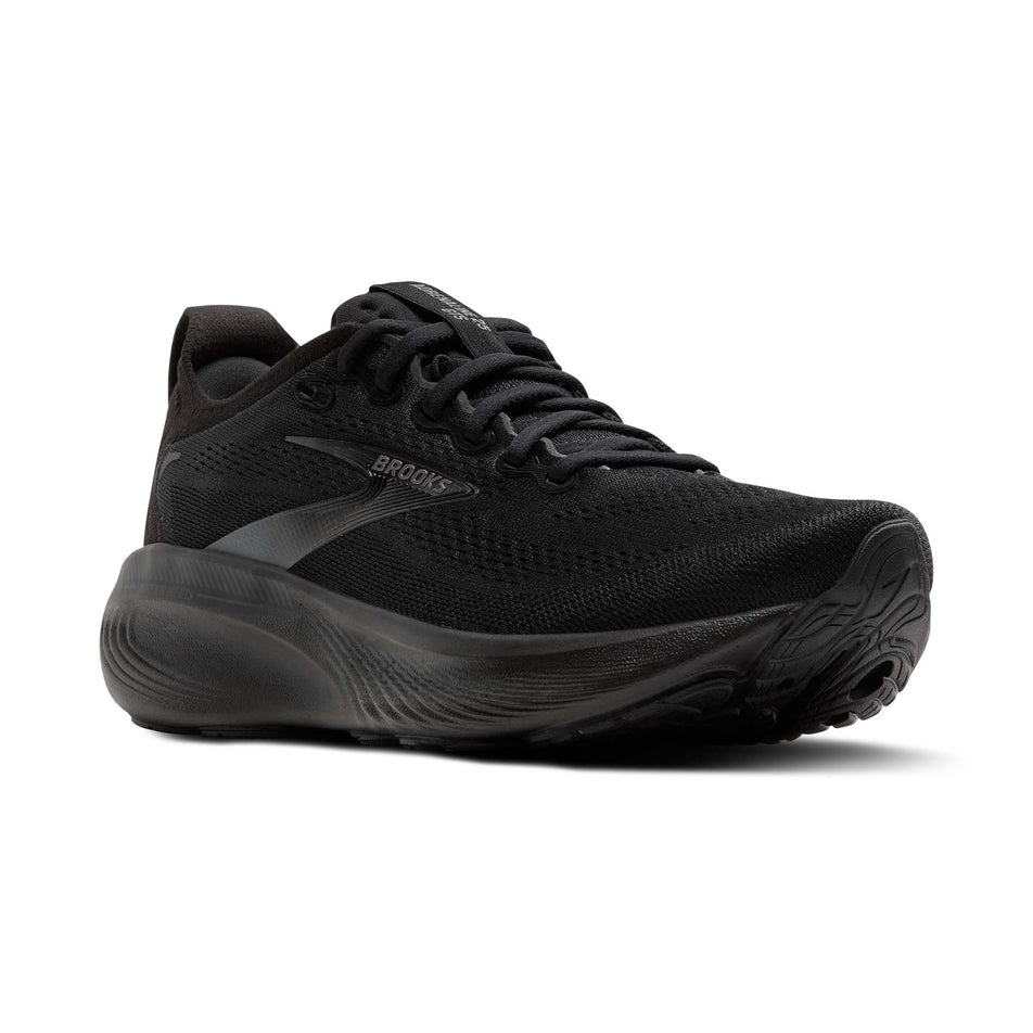 Lateral view of the right shoe from a pair of Brooks Men's Adrenaline GTS 25 Running Shoes in the Black/Black/Ebony colourway.