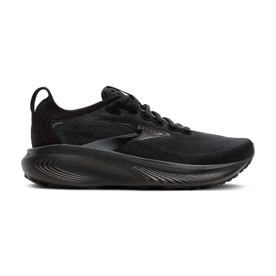 Lateral view of the right shoe from a pair of Brooks Men's Adrenaline GTS 25 Running Shoes in the Black/Black/Ebony colourway.