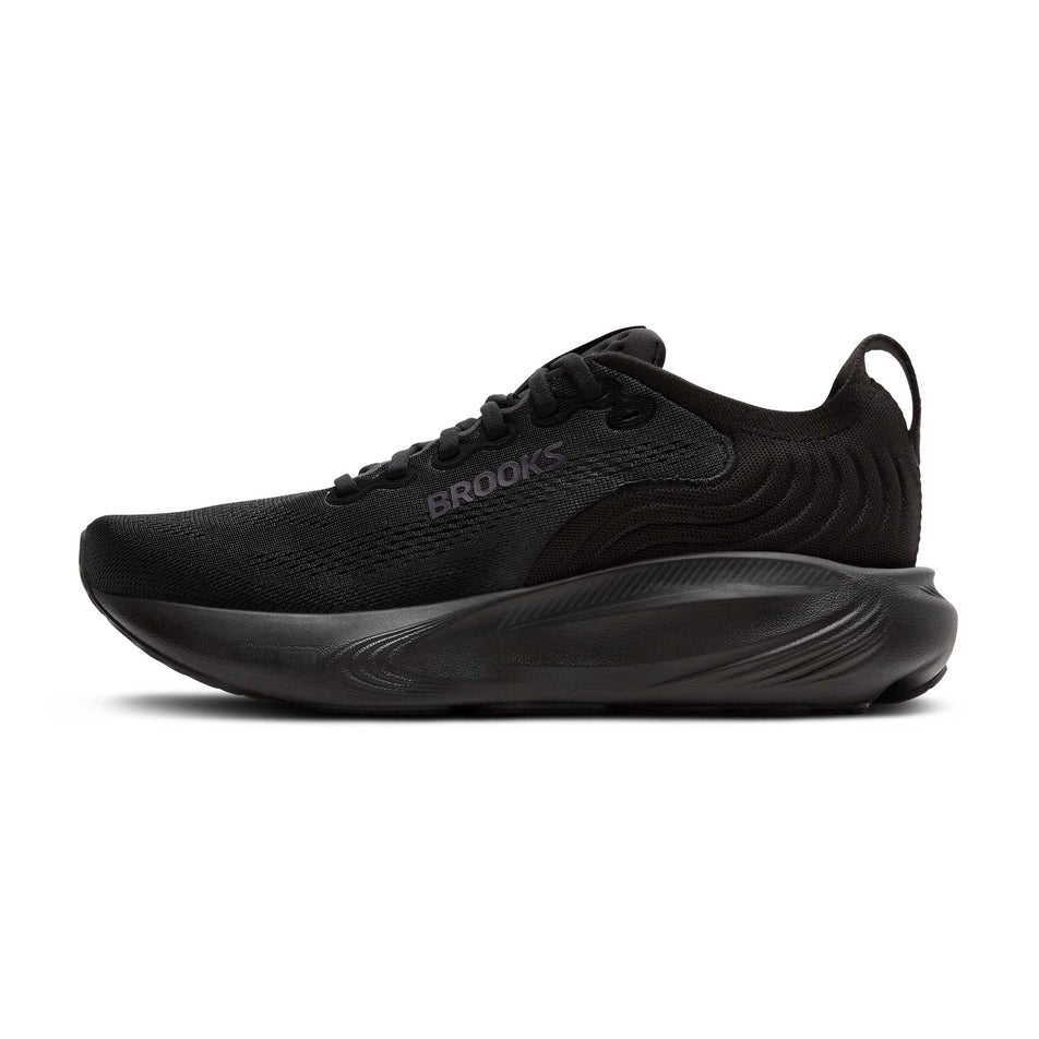 Medial view of the right shoe from a pair of Brooks Men's Adrenaline GTS 25 Running Shoes in the Black/Black/Ebony colourway.