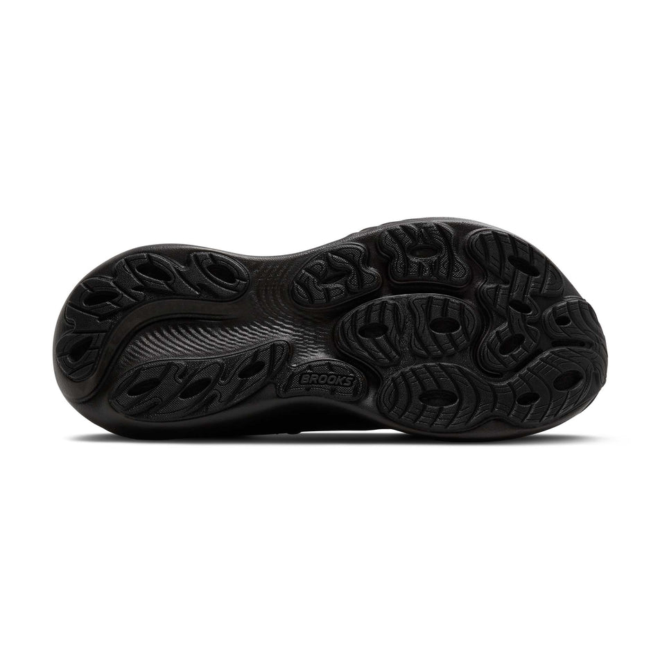 The outsole of the right shoe from a pair of Brooks Men's Adrenaline GTS 25 Running Shoes in the Black/Black/Ebony colourway.