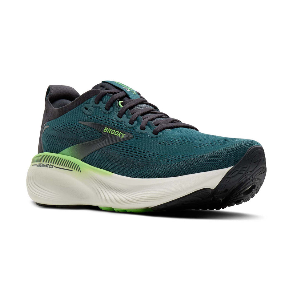 Lateral view of the right shoe from a pair of Brooks Men's Adrenaline GTS 25 Running Shoes in the Atlantic Deep/Coconut/Green colourway.