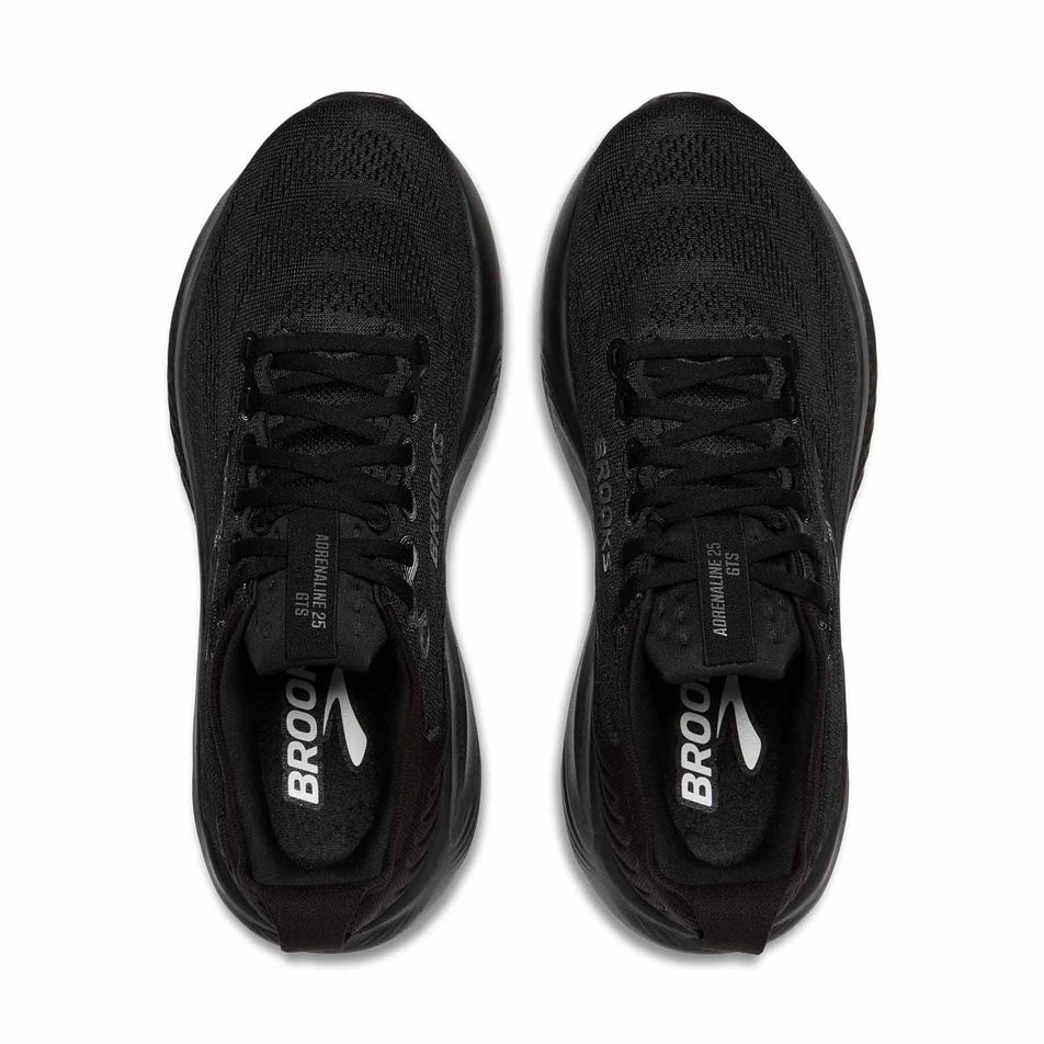 The uppers of a pair of Brooks Men's Adrenaline GTS 25 2E Running Shoes in the Black/Black/Ebony colourway.