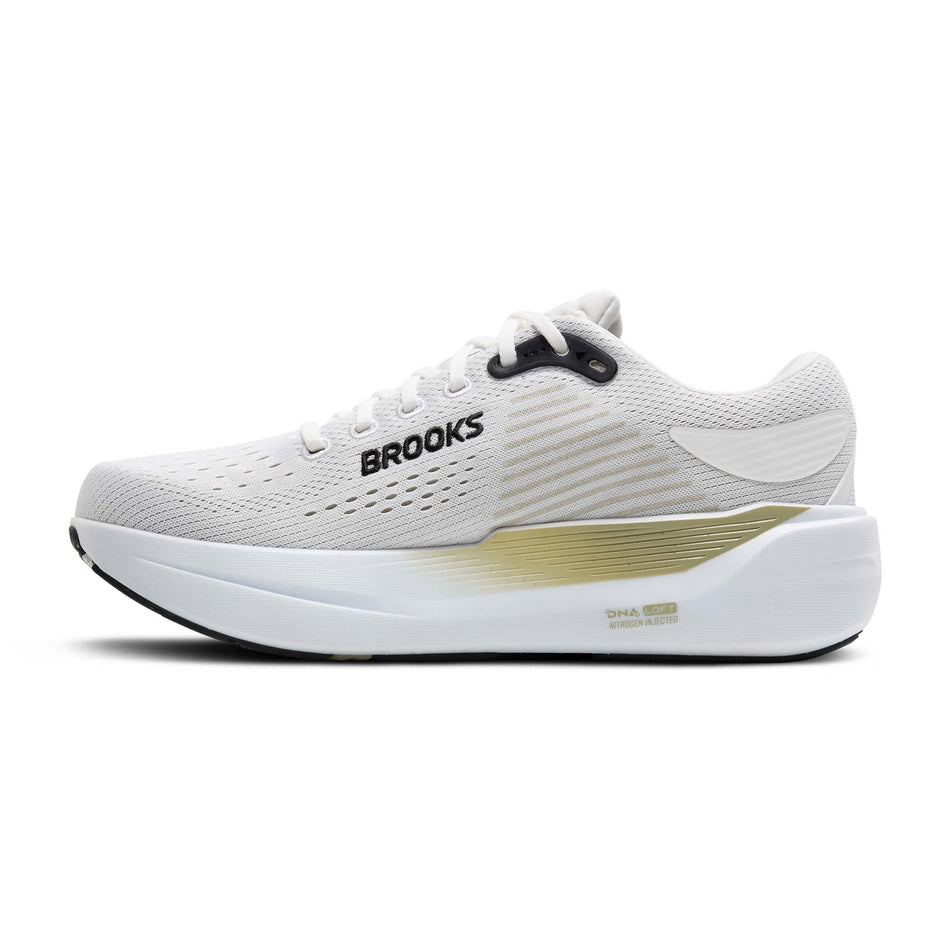 Medial view of the right shoe from a pair of Brooks Men's Ghost Max 3 Running Shoes in the Bright White/Tea/Black colourway. (8647757168802)