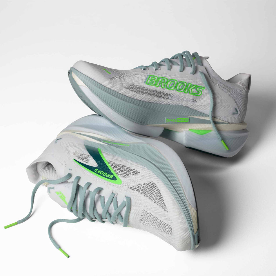 A pair of Brooks Men's Hyperion Max 3 Running Shoes in the White/Gray Mist/Green colourway.