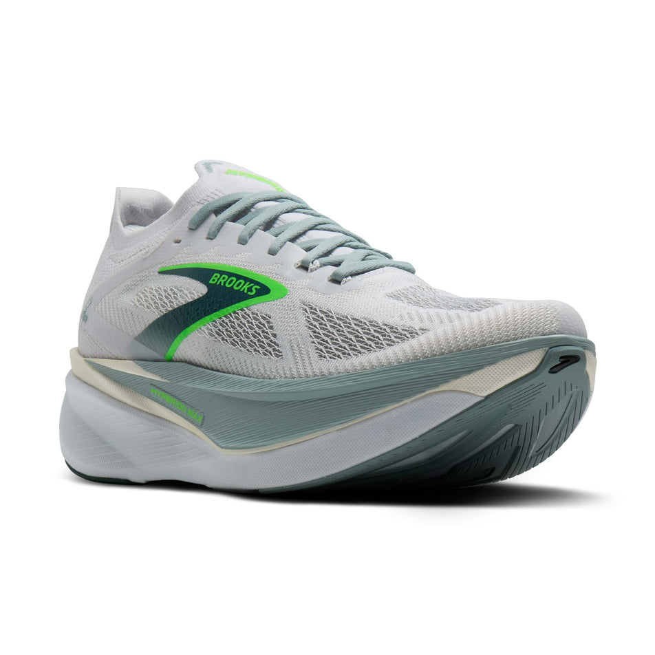 Lateral view of the right shoe from a pair of Brooks Men's Hyperion Max 3 Running Shoes in the White/Gray Mist/Green colourway.