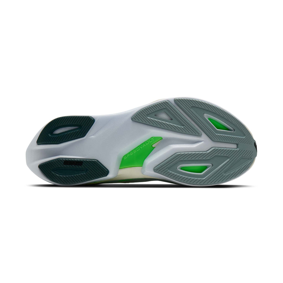 The outsole of the right shoe from a pair of Brooks Men's Hyperion Max 3 Running Shoes in the White/Gray Mist/Green colourway.