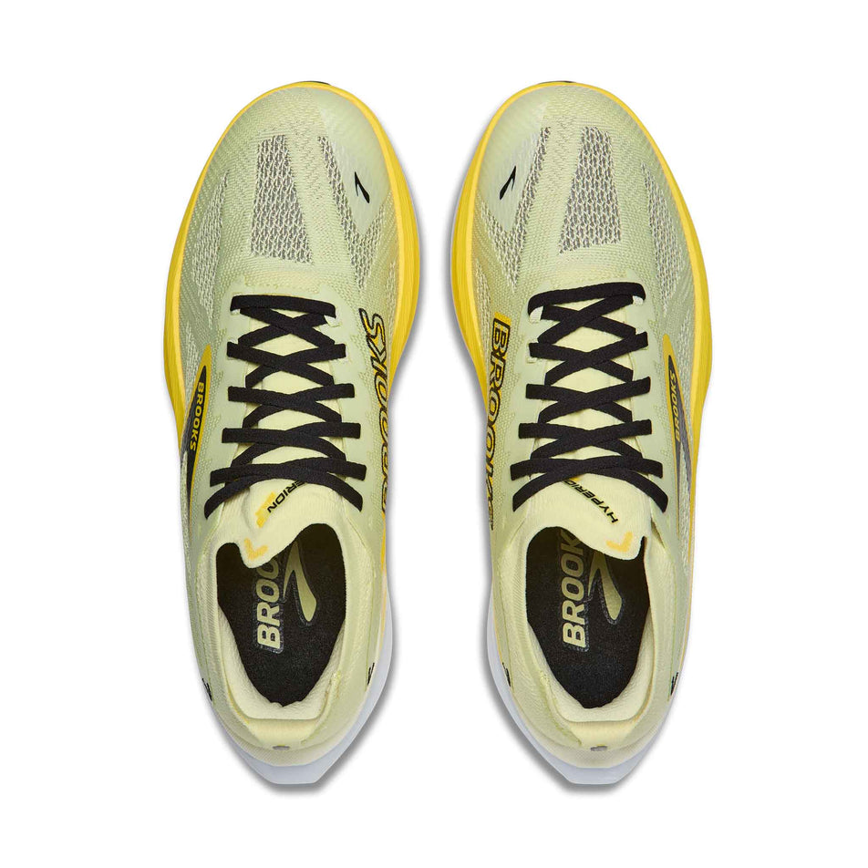 The uppers of a pair of Brooks Men's Hyperion Max 3 Running Shoes in the Luminary/Cyber Yellow/Black colourway.