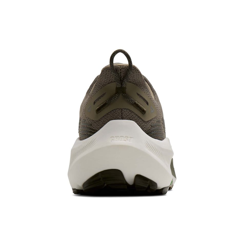 The back of the right shoe from a pair of Brooks Men's Ghost Trail Running Shoes in the Olive/Olive/Metallic colourway.