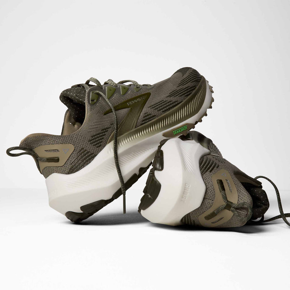 A pair of Brooks Men's Ghost Trail Running Shoes in the Olive/Olive/Metallic colourway.