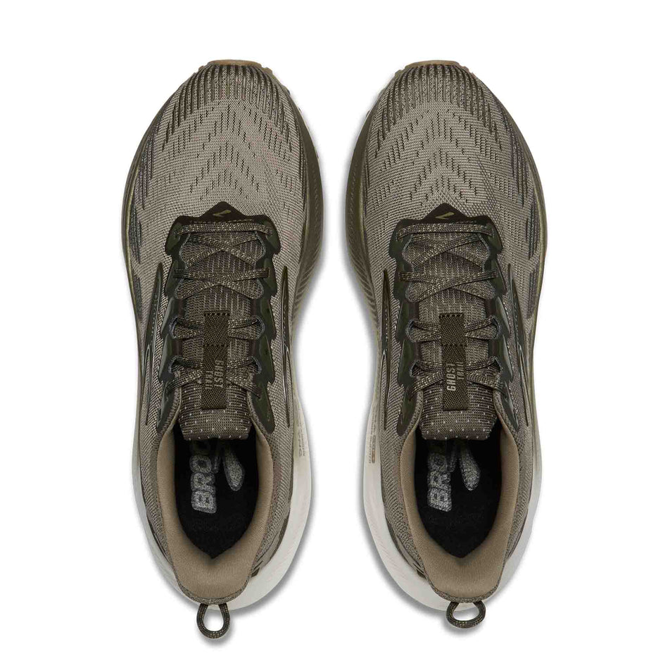 The uppers of a pair of Brooks Men's Ghost Trail Running Shoes in the Olive/Olive/Metallic colourway.