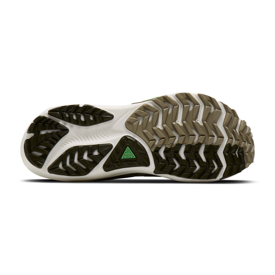 The outsole of the right shoe from a pair of Brooks Men's Ghost Trail Running Shoes in the Olive/Olive/Metallic colourway.