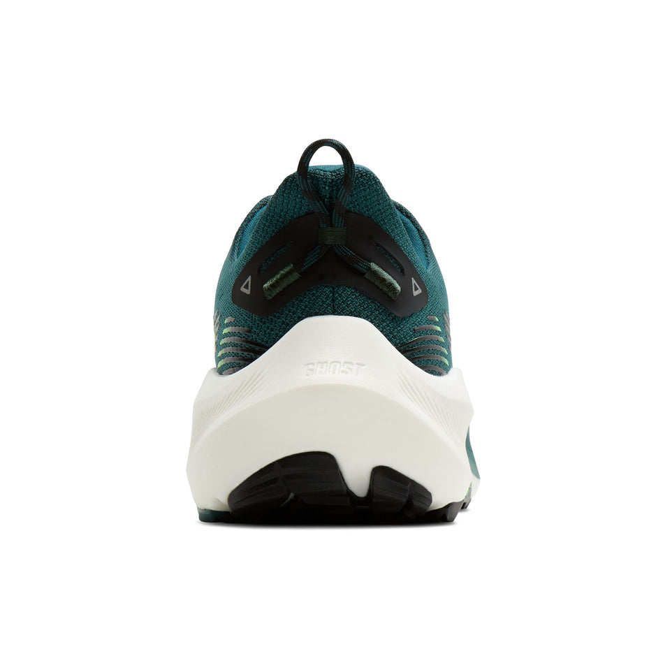 The back of the right shoe from a pair of Brooks Men's Ghost Trail Running Shoes in the Atlantic Deep/Black/Green colourway.