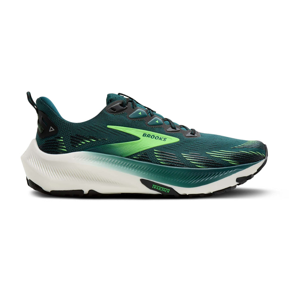 Lateral view of the right shoe from a pair of Brooks Men's Ghost Trail Running Shoes in the Atlantic Deep/Black/Green colourway.