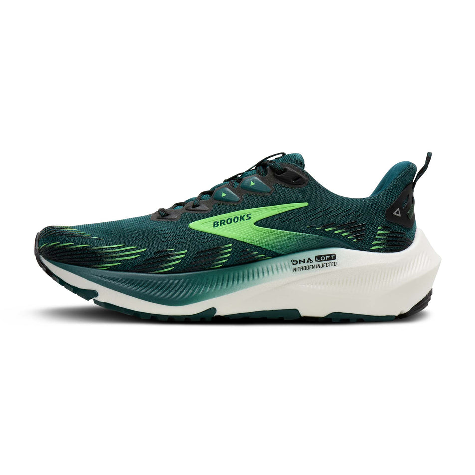 Medial view of the right shoe from a pair of Brooks Men's Ghost Trail Running Shoes in the Atlantic Deep/Black/Green colourway.