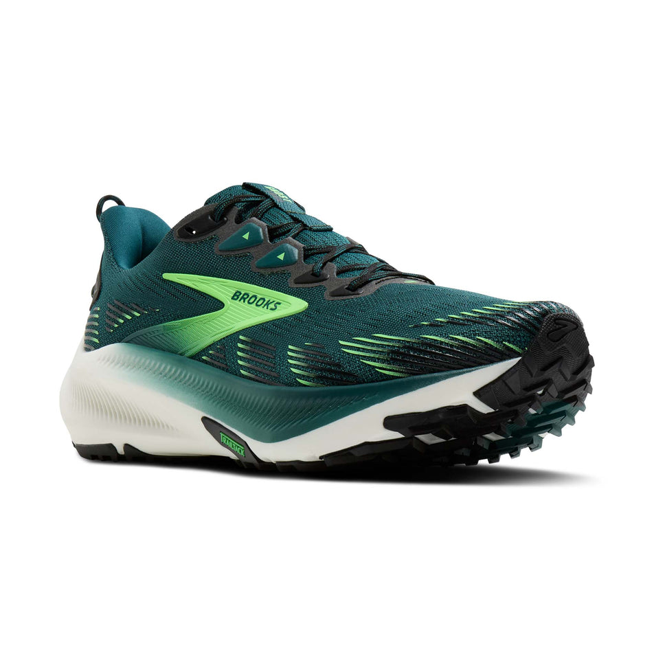 Lateral view of the right shoe from a pair of Brooks Men's Ghost Trail Running Shoes in the Atlantic Deep/Black/Green colourway.