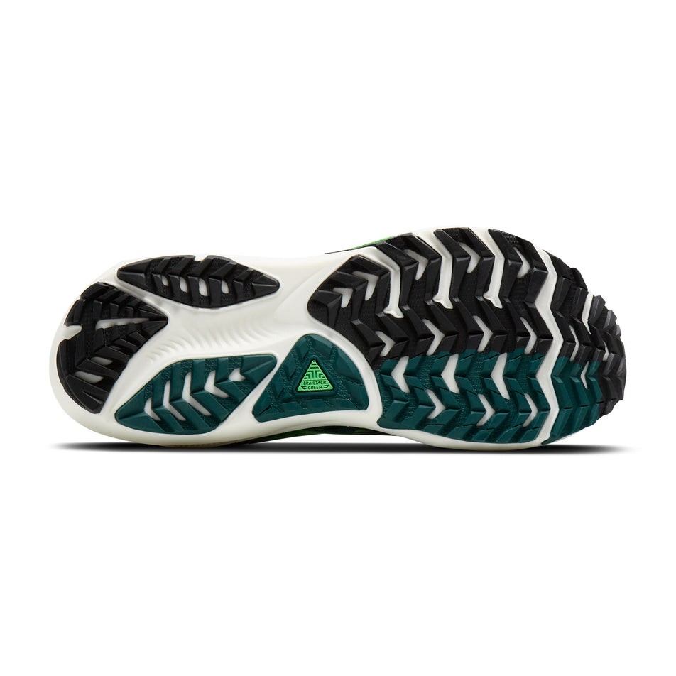 The outsole of the right shoe from a pair of Brooks Men's Ghost Trail Running Shoes in the Atlantic Deep/Black/Green colourway.