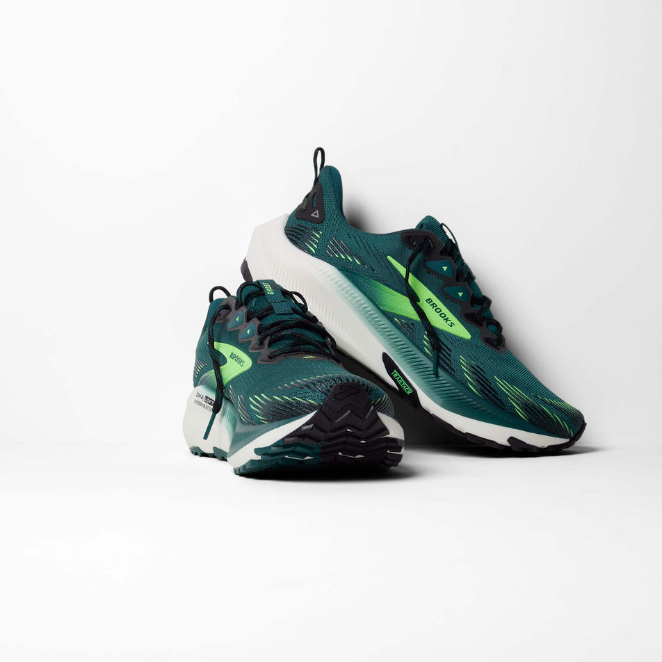 A pair of Brooks Men's Ghost Trail Running Shoes in the Atlantic Deep/Black/Green colourway.