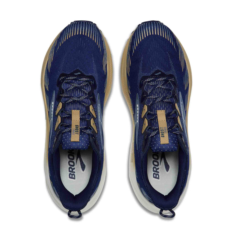 The uppers of a pair of Brooks Men's Ghost Trail Running Shoes in the Blue/Starfish/Moonlight colourway.