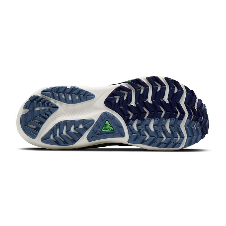 The outsole of the right shoe from a pair of Brooks Men's Ghost Trail Running Shoes in the Blue/Starfish/Moonlight colourway.