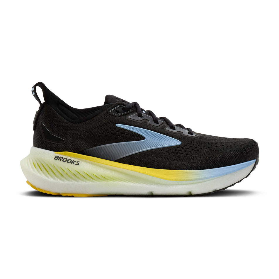 Lateral view of the right shoe from a pair of Brooks Men's Glycerin 23 Running Shoes in the Black/Cyber Yellow/Nightlife colourway.