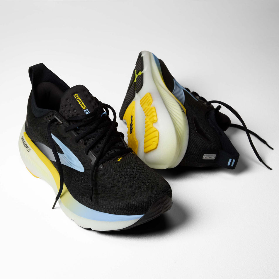 A pair of Brooks Men's Glycerin 23 Running Shoes in the Black/Cyber Yellow/Nightlife colourway.