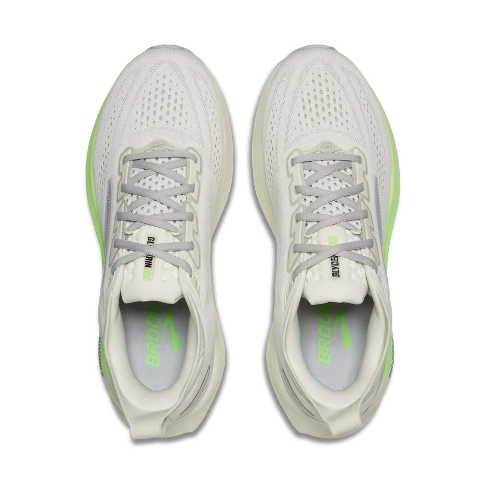 The uppers of a pair of Brooks Men's Glycerin 23 Running Shoes in the Grey/Green/Black colourway.