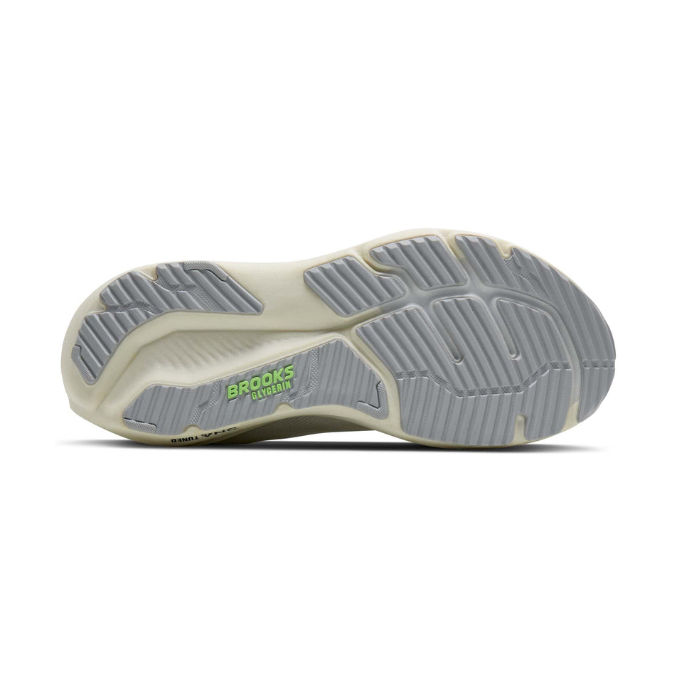 The outsole of the right shoe from a pair of Brooks Men's Glycerin 23 Running Shoes in the Grey/Green/Black colourway.
