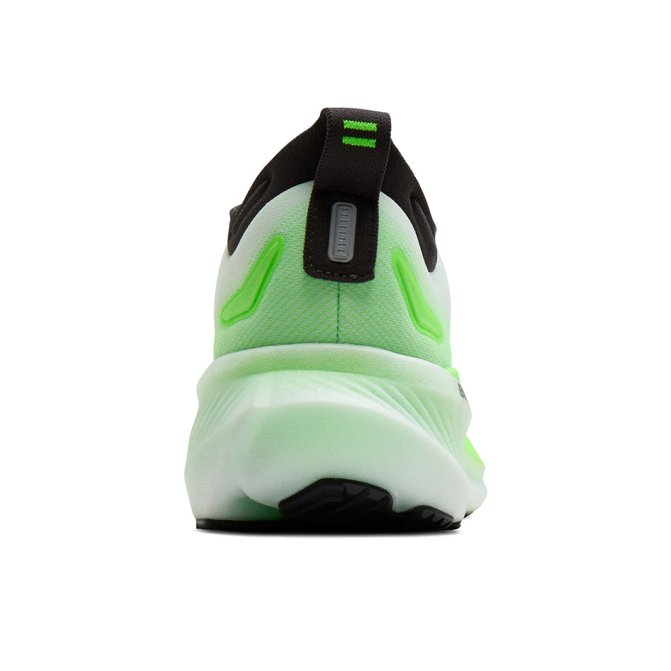 The back of the right shoe from a pair of Brooks Men's Glycerin 23 Running Shoes in the White/Phantom/Green Gecko colourway.
