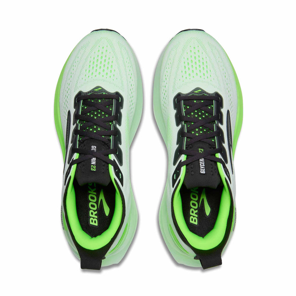 The uppers of a pair of Brooks Men's Glycerin 23 Running Shoes in the White/Phantom/Green Gecko colourway.