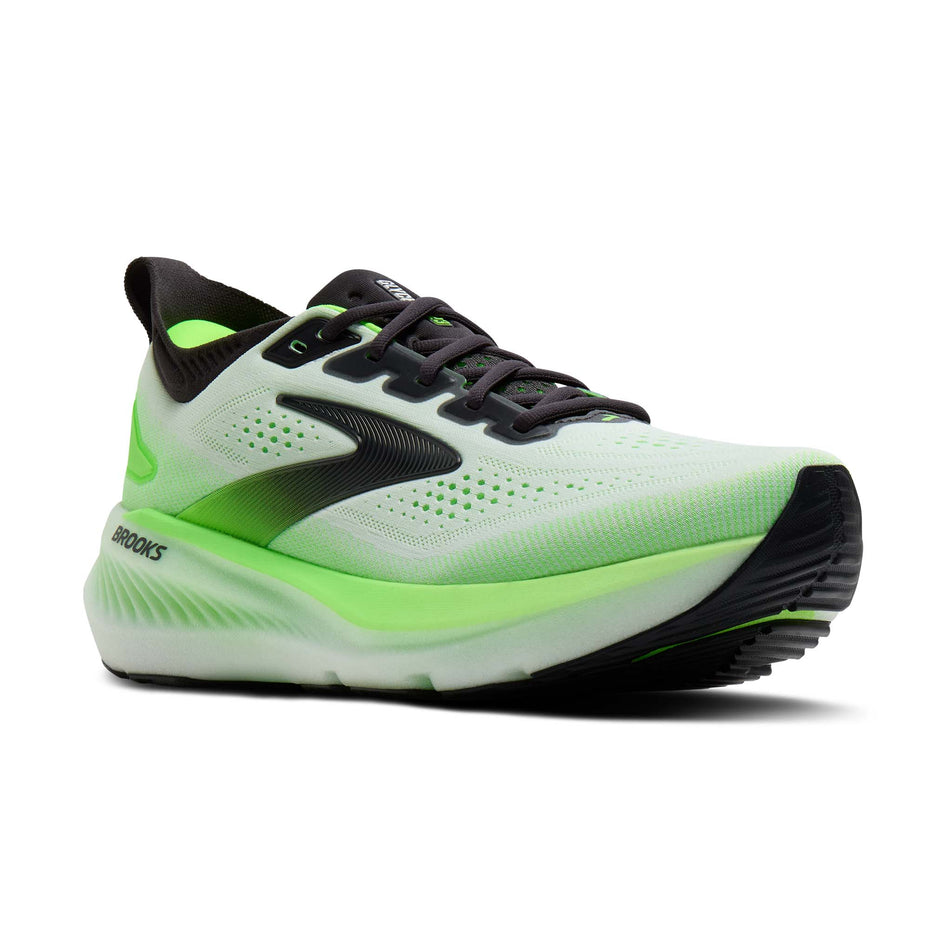 Lateral view of the right shoe from a pair of Brooks Men's Glycerin 23 Running Shoes in the White/Phantom/Green Gecko colourway.