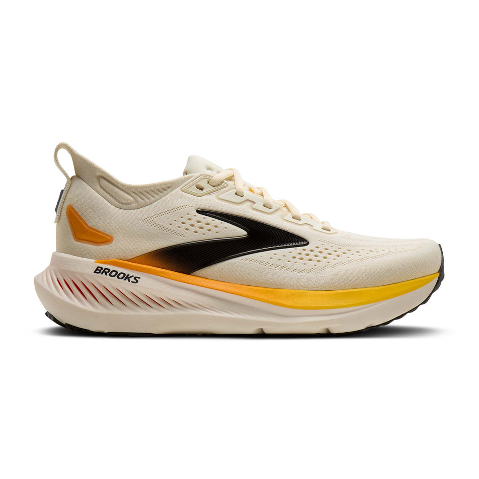 Lateral view of the right shoe from a pair of Brooks Men's Glycerin 23 Running Shoes in the Arctic Wolf/Angora/Orange colourway.