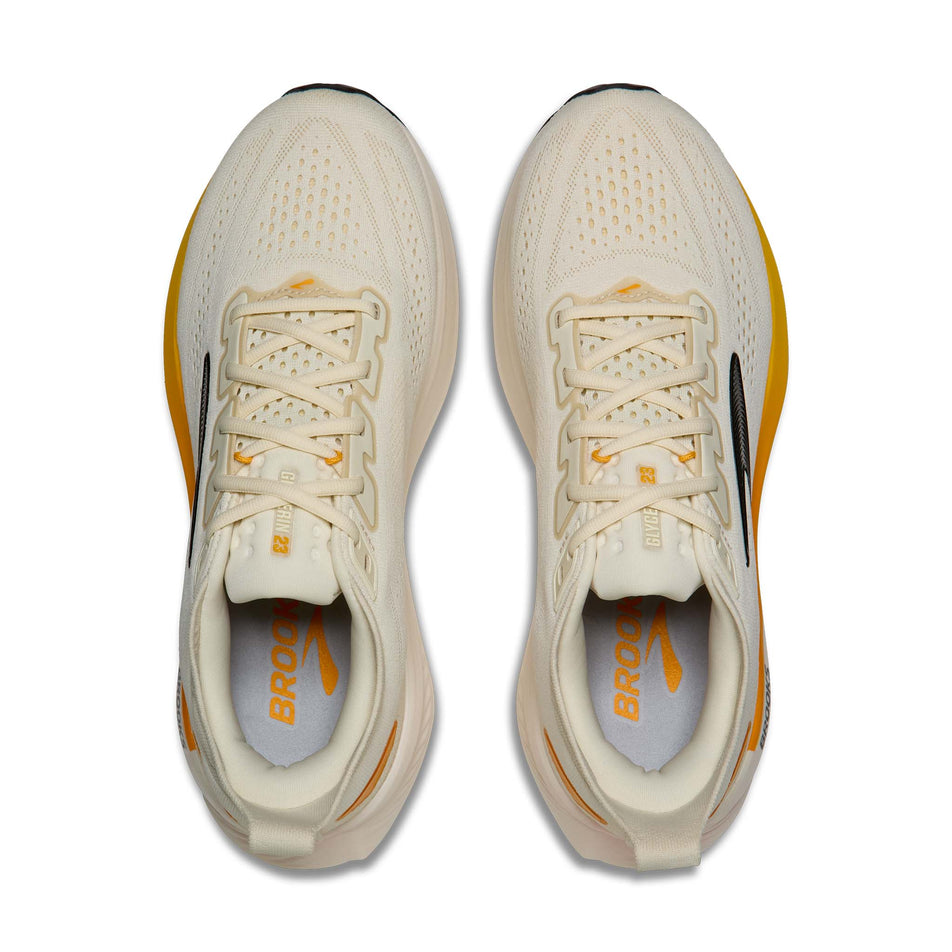 The uppers of a pair of Brooks Men's Glycerin 23 Running Shoes in the Arctic Wolf/Angora/Orange colourway.