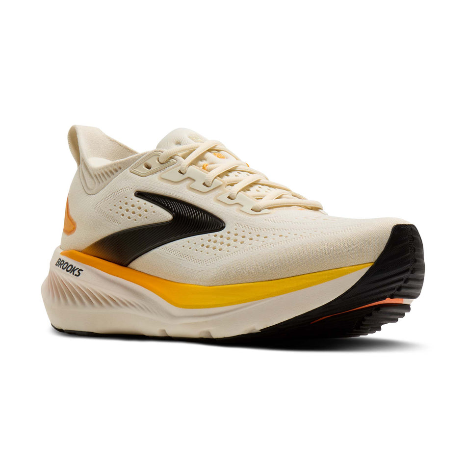 Lateral view of the right shoe from a pair of Brooks Men's Glycerin 23 Running Shoes in the Arctic Wolf/Angora/Orange colourway.