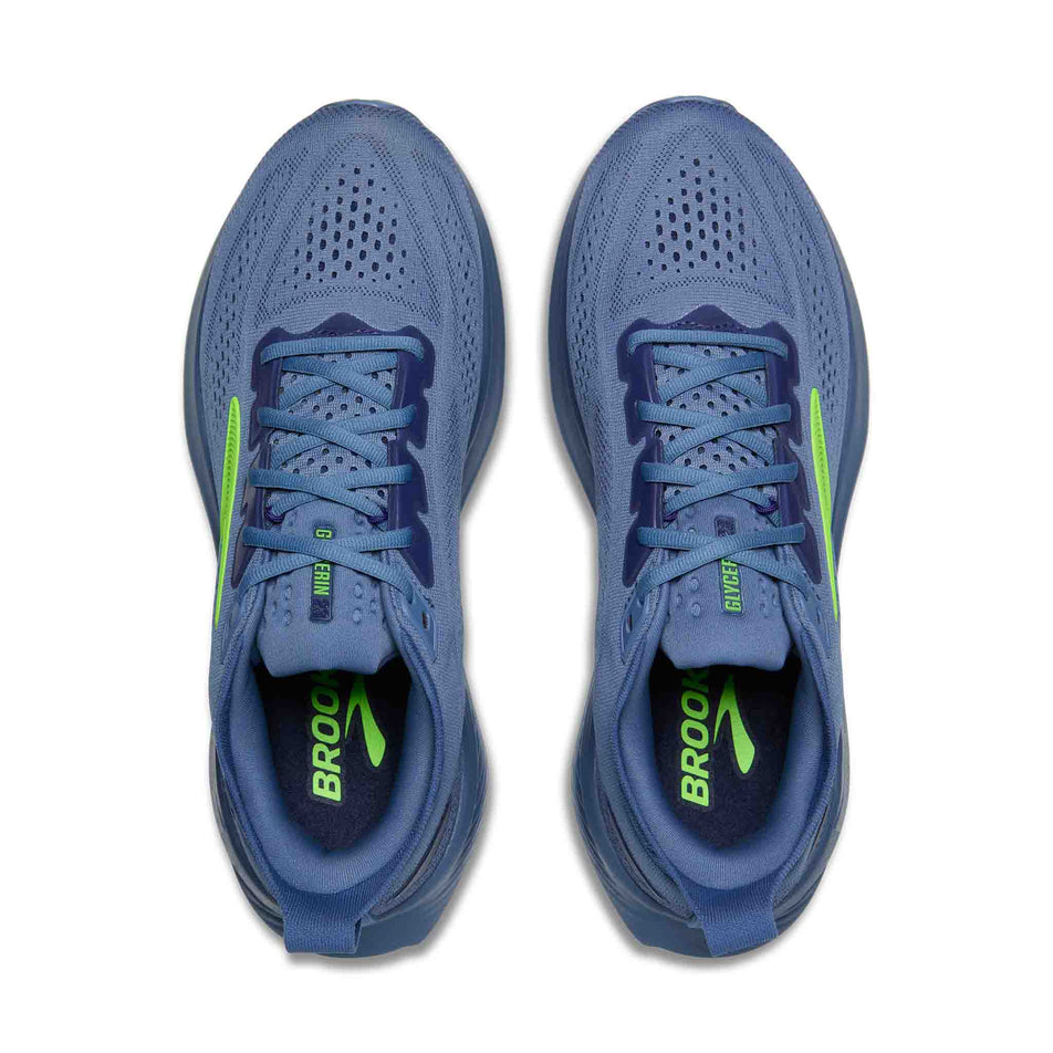 The uppers of a pair of Brooks Men's Glycerin 23 Running Shoes in the Moonlight/Blue/Green Gecko colourway.