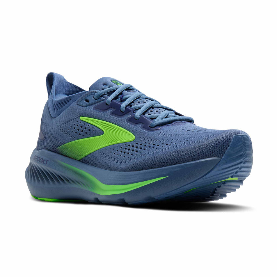 Lateral view of the right shoe from a pair of Brooks Men's Glycerin 23 Running Shoes in the Moonlight/Blue/Green Gecko colourway.