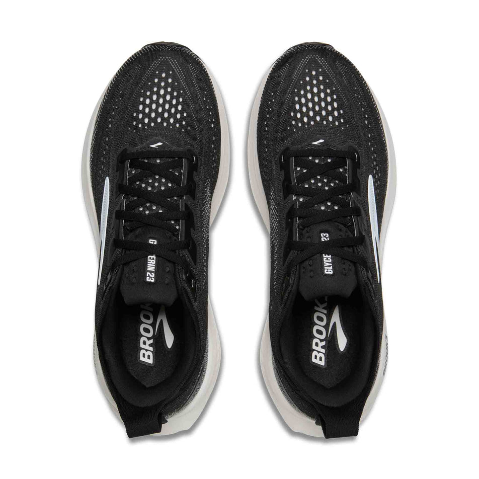 The uppers of a pair of Brooks Men's Glycerin 23 2E Running Shoes in the Black/Grey/White colourway.
