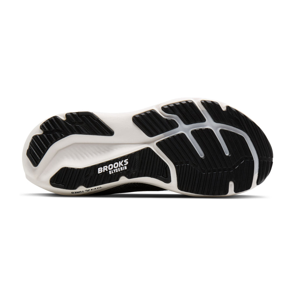 The outsole of the right shoe from a pair of Brooks Men's Glycerin 23 2E Running Shoes in the Black/Grey/White colourway.