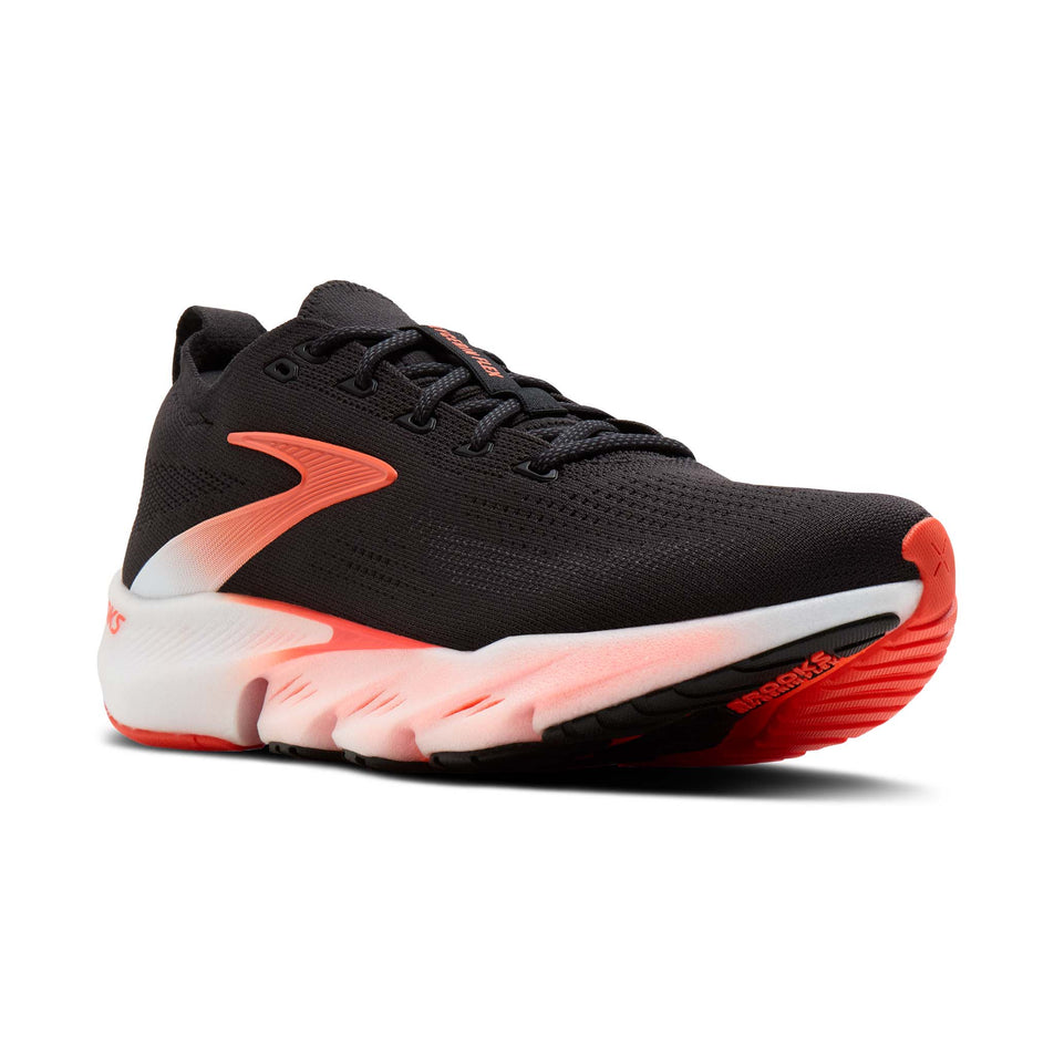 Lateral view of the right shoe from a pair of Brooks Men's Glycerin Flex Running Shoes in the Black/Orange colourway.
